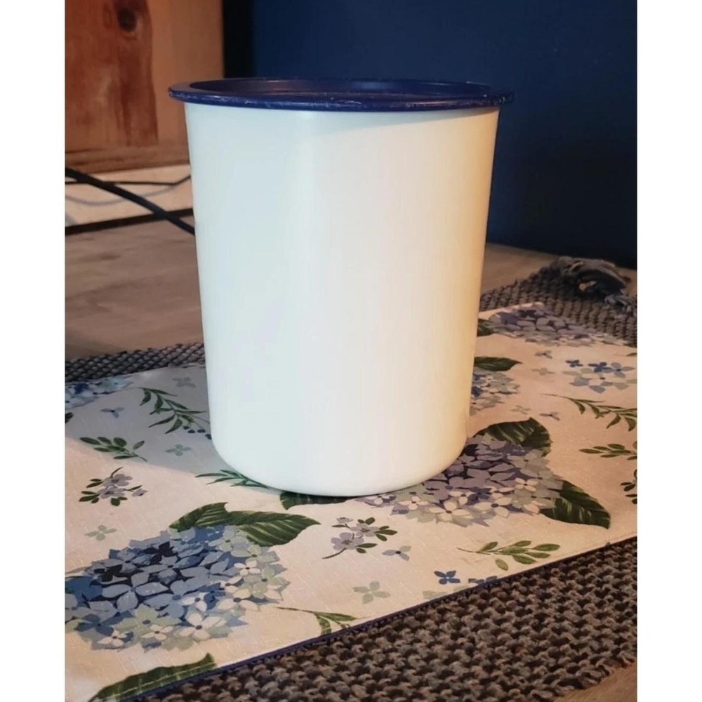 Vintage Tupperware cannister. Blue and white.